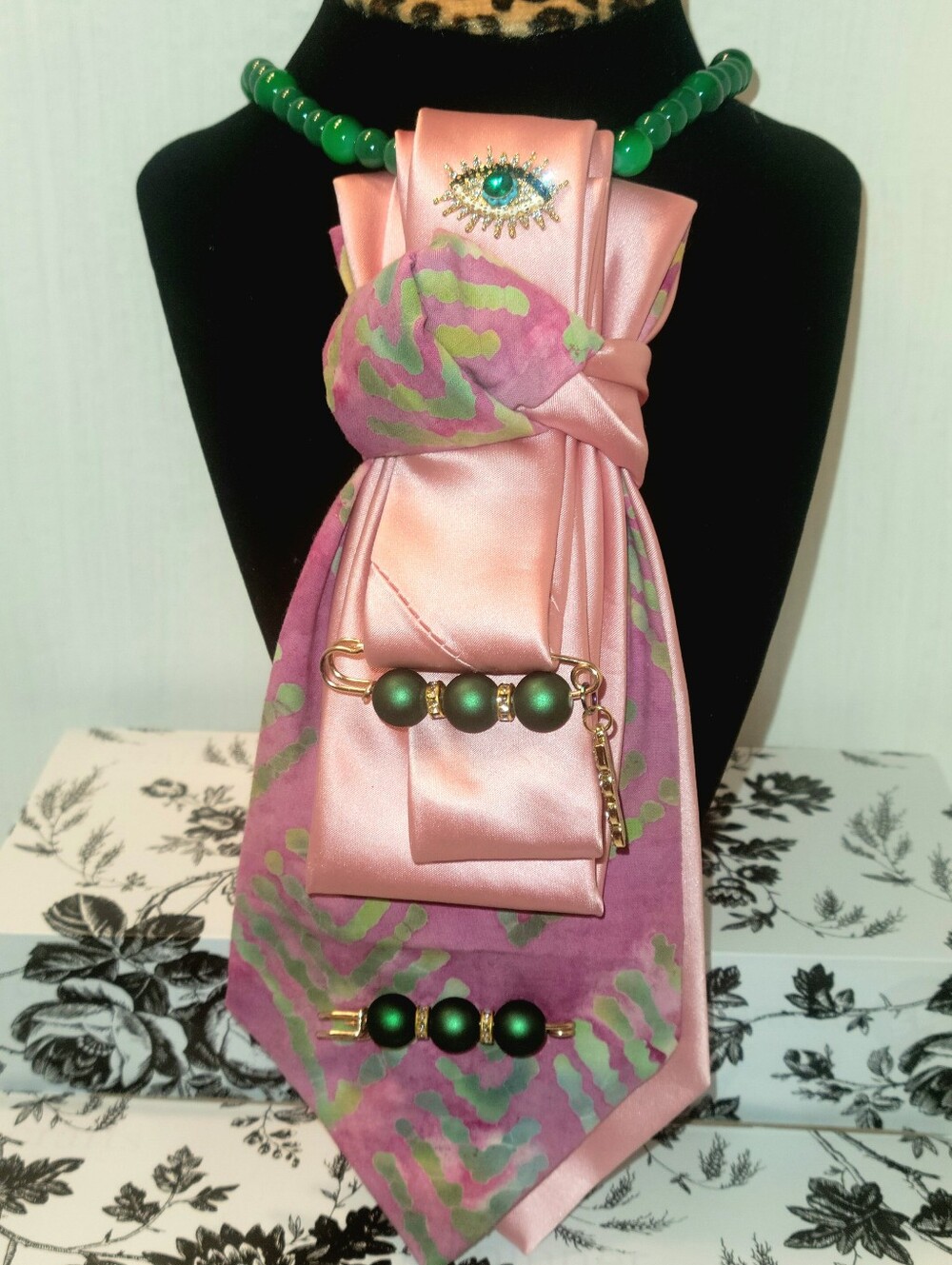 Pink and Green Satin Scarf Pendant Necklace Set - Women Jewelry